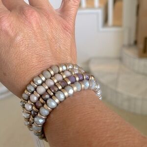4 stretchy bracelet set gray/gold, blue/gold, purple/gold l and beige/gold.